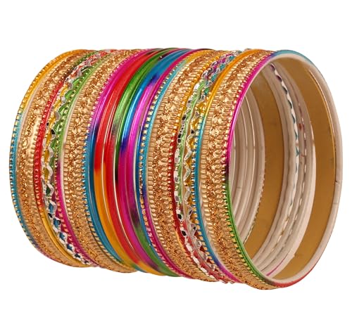 TouchstoneColorful 2 Dozen Bangle Collection Indian Bollywood Alloy Metal Textured Multicolor Designer Jewelry Bangle Bracelets Set Of 24 In Antique Gold Tone For Women