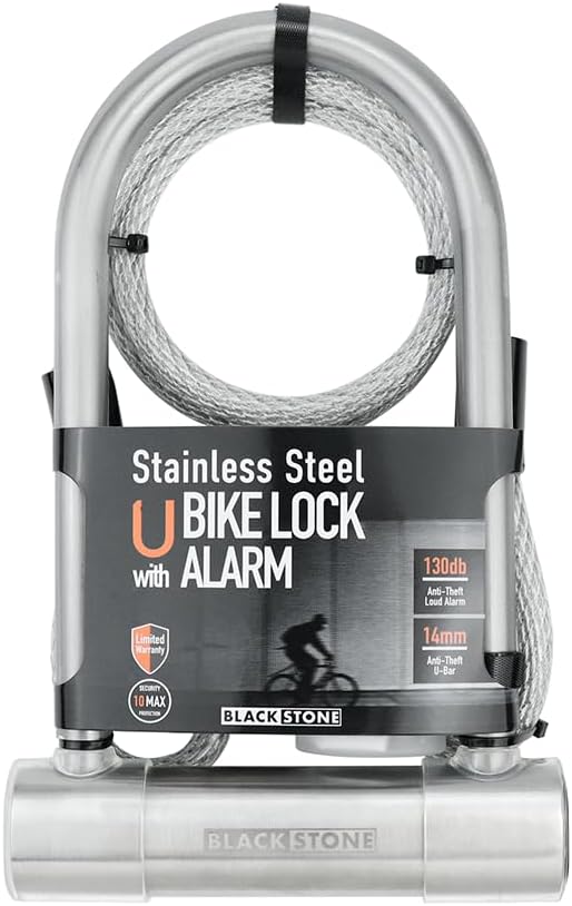 BLACKSTONE Stainless Steel U Bike Lock – 130dB Alarm, Reinforced 14mm Shackle – Ideal for Urban Cyclists & E-Bikes w/Double-Looped Steel Cable