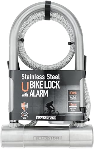 BLACKSTONE Cerradura de bicicleta en U de acero inoxidable - Alarma de 130 dB, grillete reforzado de 0.551 in - Ideal para ciclistas urbanos y