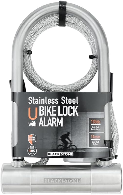 BLACKSTONE Stainless Steel U Bike Lock - 130dB Alarm, Reinforced 14mm Shackle - Ideal for Urban Cyclists & E-Bikes w/Double-Looped Steel Cable