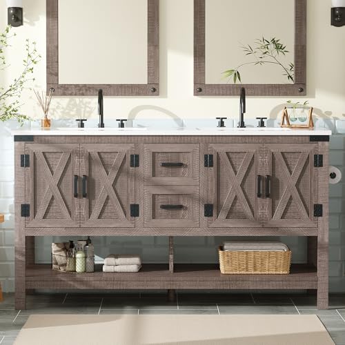 AMERLIFE 60” Farmhouse Bathroom Vanity with Double Sink, Freestanding Cabinet