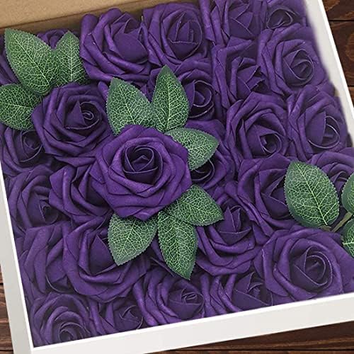 Higfra Artificial Flowers 25pcs Real Looking Dark Purple Foam Fake Roses with Stems for DIY Wedding Bouquets White Bridal Shower Centerpieces Arrangements Mothers Day Party Tables Decorations