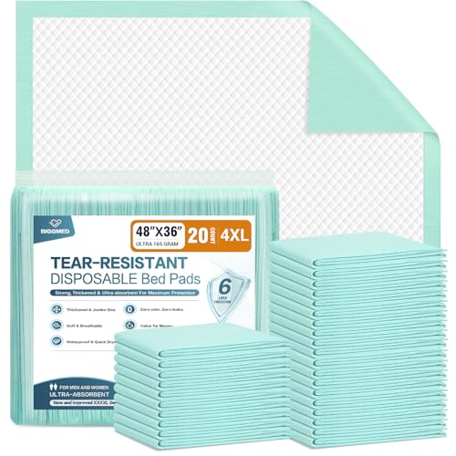 Image of BIGGMED Tear-Resistant Bed Pads Disposable Adult 48" x 36" 20 Count Underpads Extra Large Incontinence Bed Pads Heavy Duty Absorbency Chux Pads Pee Pads for Adult Elderly Puppy Pads for Training
