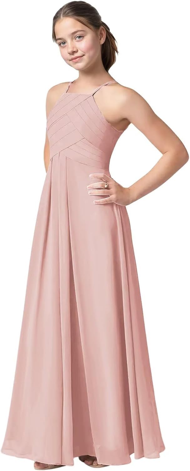 Halter Flower Girl Dress Flowy Chiffon Junior Bridesmaid Dresses A-Line Long 4-16 Teen Wedding Party Gown MV004