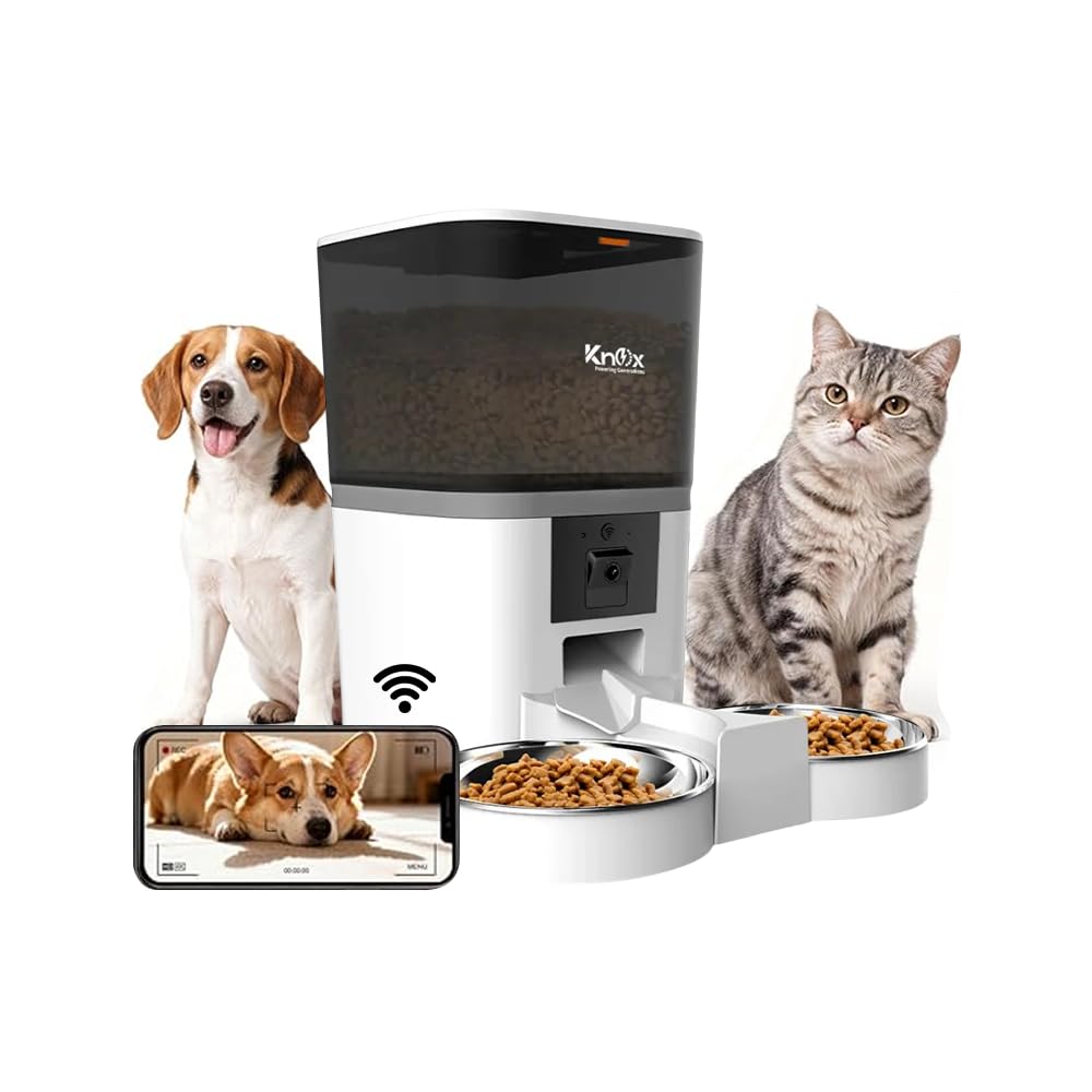 Knox 6L Smart Automatic Pet Feeder with 1080P Camera for Cats & Dogs, 5G WiFi App Control,Dual Bowl Food Dispenser, 2-Way Audio, Voice Recorder,Timed Feeding Alarms,Portion Control,Dual Power (White)