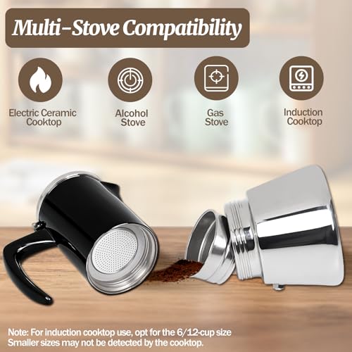 Image of 6 Cup Thickened Moka Pot 304 Stainless Steel 300ml Italian Espresso Coffee Maker Stovetop CoffeeMakers Mocha Pot Percolator for Induction Stove Classic Cafe Makers Portable for Easy Brewing