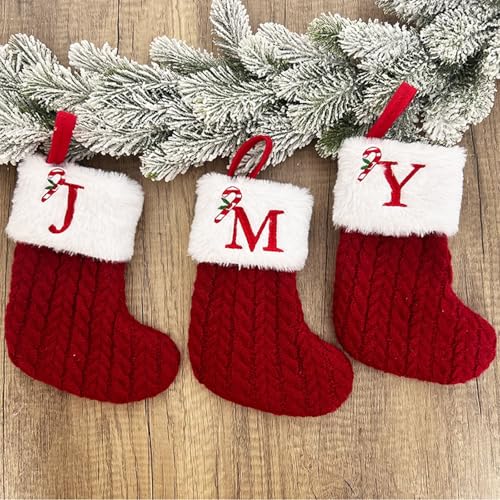 Christmas Stockings with Initials,7.5 Inches Red White Embroidered Knitted Monogram Letter Xmas Stocking,Mini Christmas Stocking for Fireplace Party Tree Family Holiday Decorations - image 5