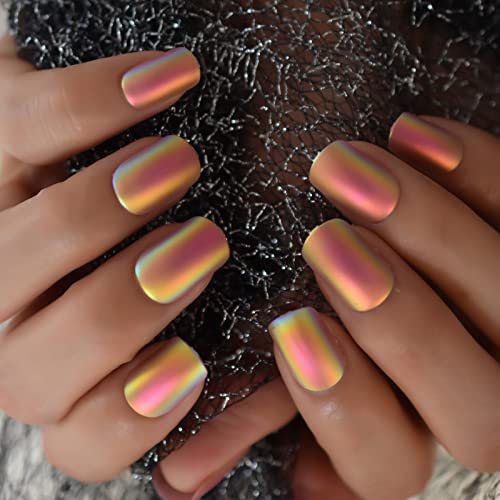 Coolnail Chrome Pink Gold Short Fake Nails Rainbow Squoval Square Gel False Press On Nails For Girl Full Cover Wear Finger Nail Art Tips #TOP3