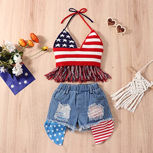 Baby Girl 4th of July Outfits USA Flag Knit Sleeveless Halter Fringe Crop Top Ripped Denim Shorts Set Summer Clothes (Red, 3-4 Years)