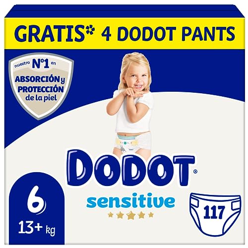 Dodot Pañales Bebé Sensitive Talla 6 (+13 kg), 117 Pañales + 4 Pants Activity Extra Gratis, Óptima Protección de la Piel de Dodot, Pack Mensual