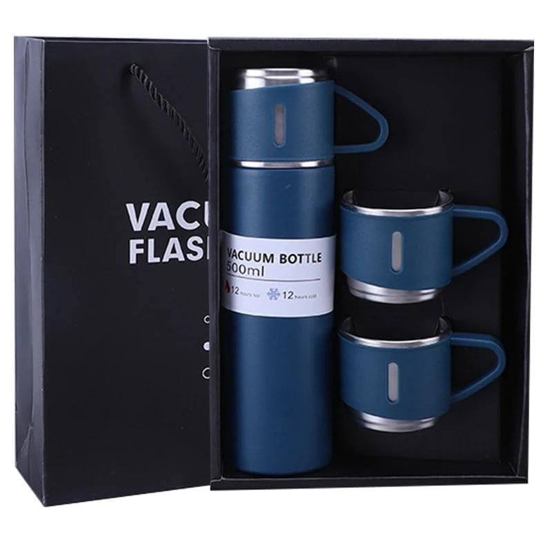 Image of Double Wall Stainless Steel Thermo 500ml Vacuum Insulated Bottle Water Flask Gift Set with Two Cups Hot & Cold Diwali Gifts for Employees Corporate Gift Items (Blue*)(Multi Colour)