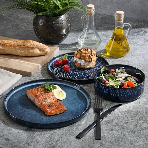 Image of Gibson Elite 12 Piece Matisse Moderna Stoneware Reactive Glaze Plates and Bowls Dishes Dinnerware Set - Cobalt Blue