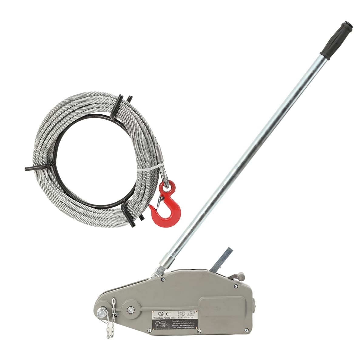 Treuil manuel ECUTEE avec 20 m de corde, treuil manuel forestier avec crochet de charge et goupille de cisaillement, capacité max 800 kg Crane Handle Hoist