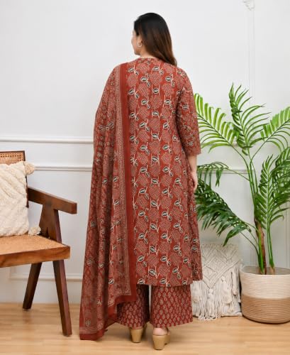 Image of GoSriKi Kurta Sets for Women Viscose Blend Printed | Kurti Set for Woman | Kurta Palazzo Dupatta Set | A Line Kurti | Mandarin Collar 3 /4 Sleeve Suit Set for Women Stylish Ethnic Outfit