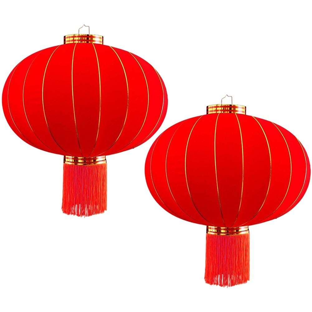 Baokuan Chinese New Year Lantern 2pcs Traditional Spring Festival Hanging Ornament, Flocking Cloth Lantern with Tassels for Lunar New Year