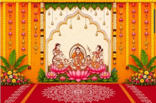 Image of seemantham Backdrop Decoration | Traditional Seemantham & Baby Shower Ceremony Backdrop 8x8 Feet | seemantham Backdrop Traditional | varalakshmi Backdrop Cloth