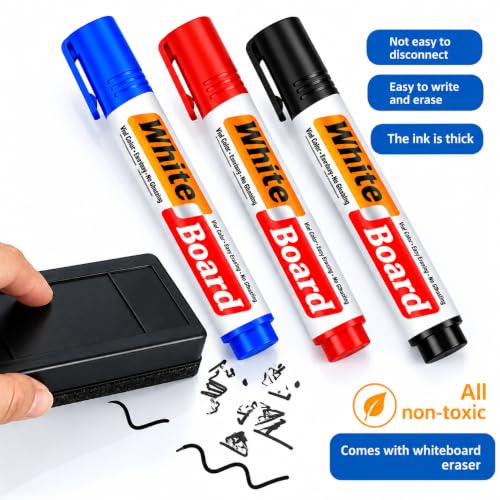 Image of KLIFFOO Whiteboard Markers with Duster Set, 3 Color Bold Point Marker Pens (Blue, Black & Red) with Board Eraser, Refillable & Erasable Ink, White Board Marker for Office, School & Classroom