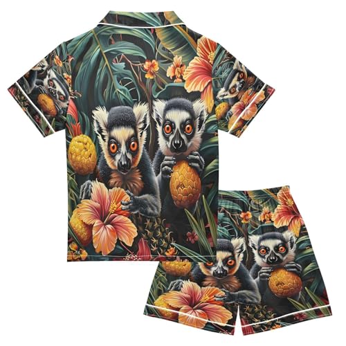 Satin Pajama Sets Short Sleeve Tropical Lemurs Flowers Button Down Silky Nightwear 2 Piece PJS 5-14Y2
