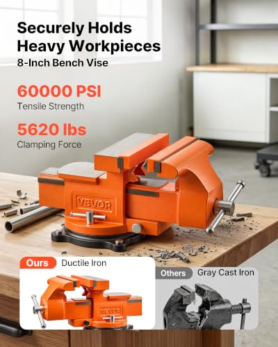 Image of VEVOR Heavy Duty Bench Vise, 8 inch Jaw Width, Multi-Purpose Ductile Iron Bench Vise with Anvil and 360-Degree Locking Swivel Base, 2.95 inch Throat Depth, 8 inch Max Jaw Opening, for Drilling, Pipe Cutting