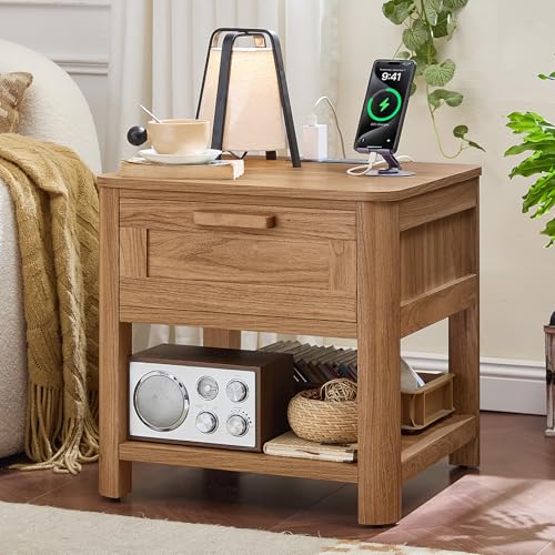 Image of Joaxswe Farmhouse Side Table Set of 2 Living Room, Small Night Stand with 1 Drawers & Open Shelving & 4 Thickened Table Legs, Dark Wood