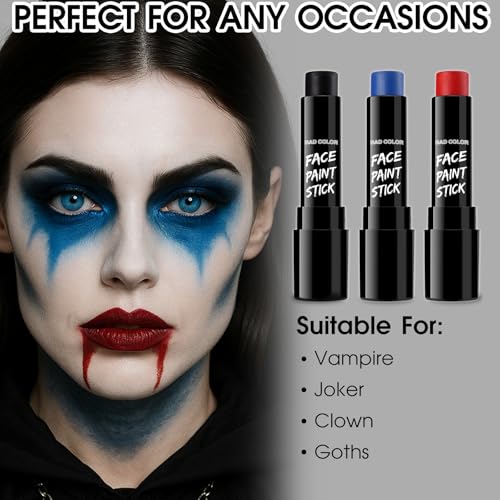 Image of BADCOLOR 3PCS Red Black Royal Blue Face Body Paint Stick Makeup for Skull Vampire Clown Joker SFX Cosplay & Dress Up, Full-Coverage Halloween Facepaint Makeup Kit