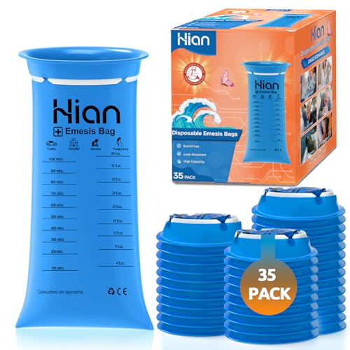 Hion Vomit Bags Disposable 35 Pack 1000ml Emesis Bags Leak Resistant Medical Grade Portable Perfect for Motion Car & Aircraft Sickness Pregnant Women
