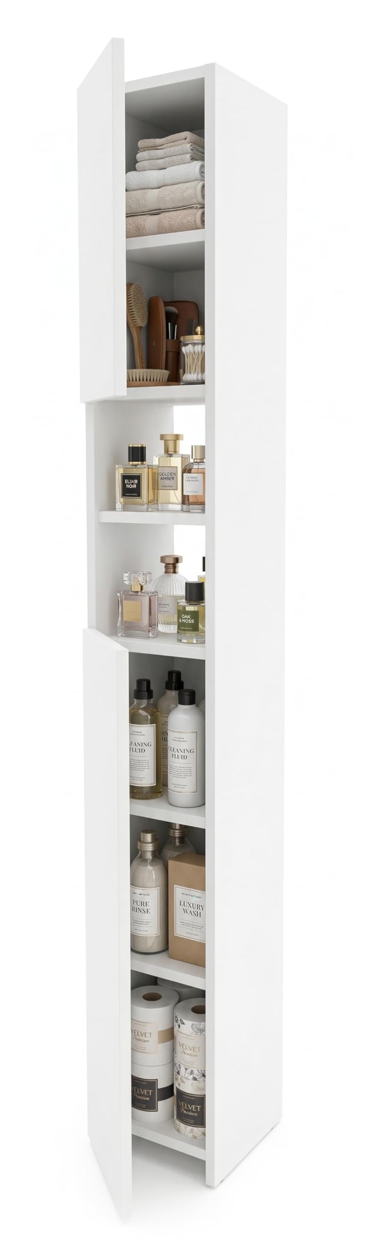 CraftPAK Badezimmerschrank 24 cm Breit, Badschrank, Hochschrank 7 Fächer Verstellbar 2 Türen Badezimmermöbel Badmöbel Schmal Holz Weiß