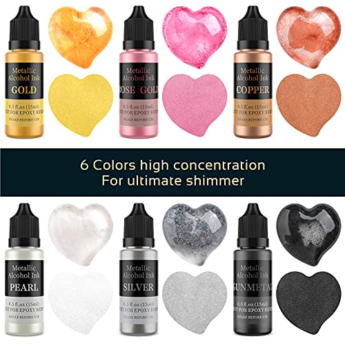 Wayin Metallic Alcohol Ink Set - 6 Color Metallic Alcohol Pigment Resin Dye, Concentrated Extreme Shimmer Alcohol-Based Inks For Epoxy Resin Yupo Tumbler Cups Acrylic Pouring Paint (15Ml/.5 Fl Oz ) #TOP6