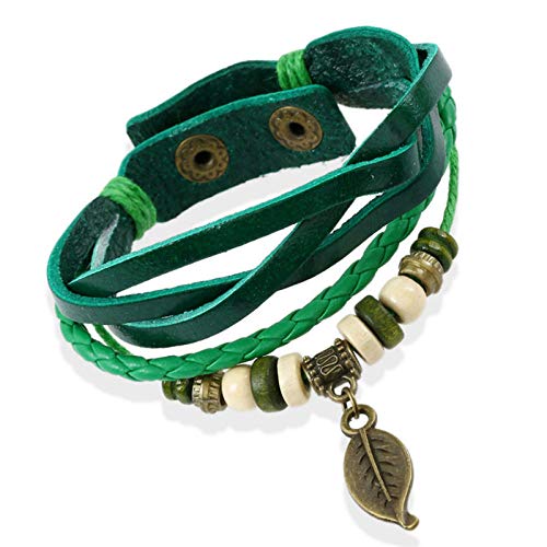 Bracelet en cuir pour femmes avec pendentif feuilles et tressage vert style vintage