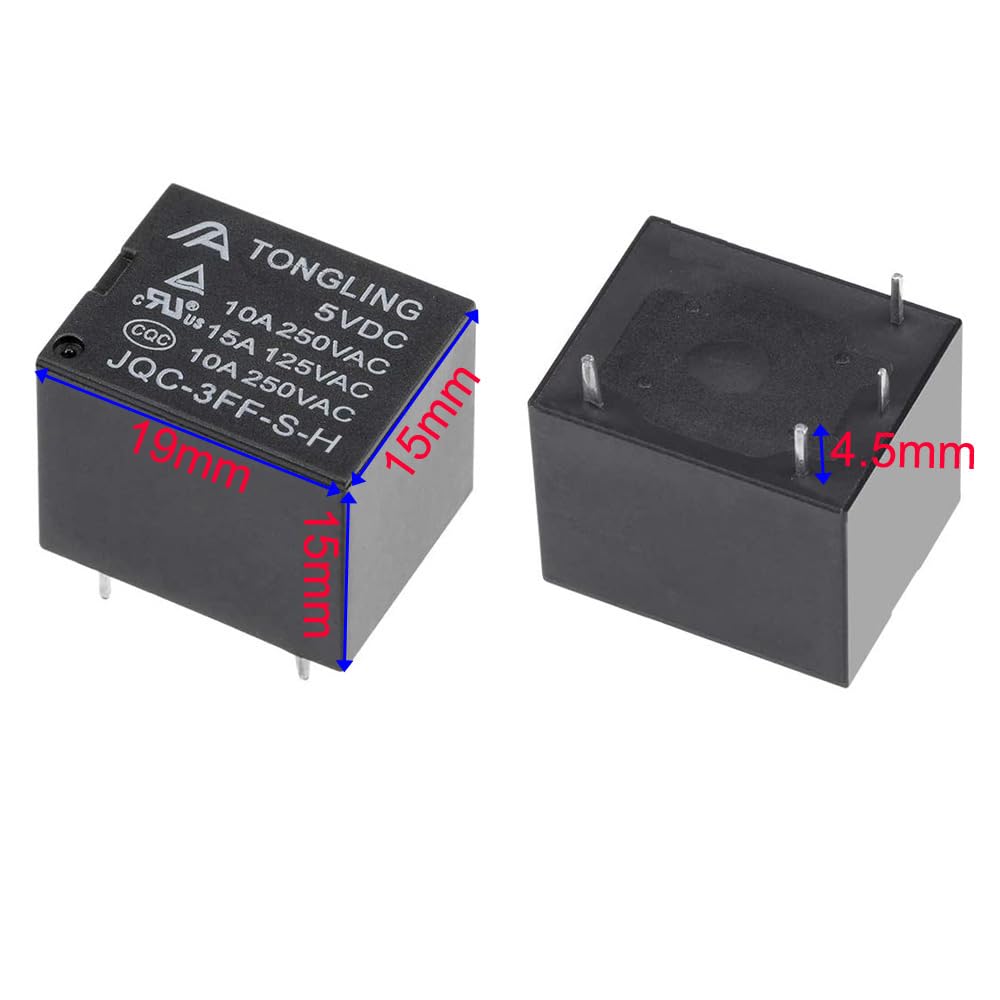 Guuzi 10 pezzi Relè di Potenza a Bobina da 5V, 4 pin SPDT Tipo PCB DC, Mini Relè di Potenza a Bobina, Contatto Relè 0~250V/10A