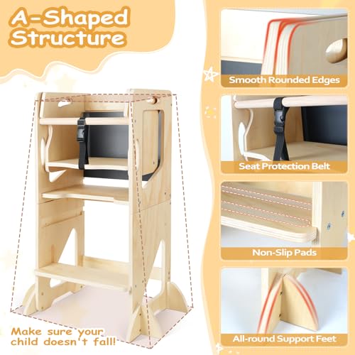 Image of Adjustable Height Toddler Kitchen Step Stool, Learning Standing Tower with Blackboard, Kids Wooden Kitchen Stool Helper, 1-3 Years Old Boys Girls Gift, 5-in-1 with Bench