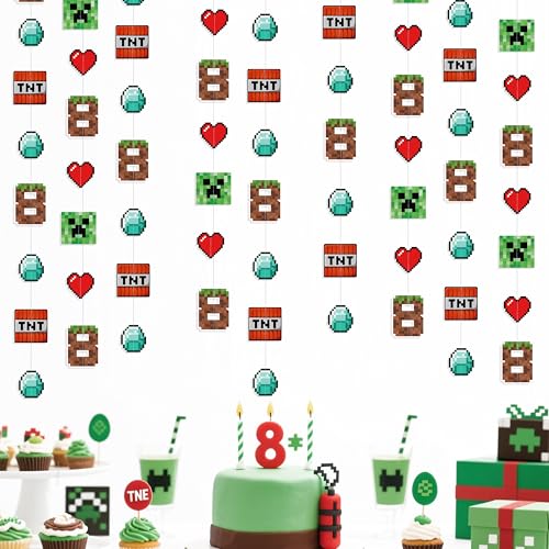 Image of 46Ft Pixel 8th Birthday Party Decorations Green Brown Miner Themed Garland Streamer for Kids Boys 8th Mining Craft Birthday Pixel Miner Gamer Cartoon Baby Shower Mining Party Decor Supplies
