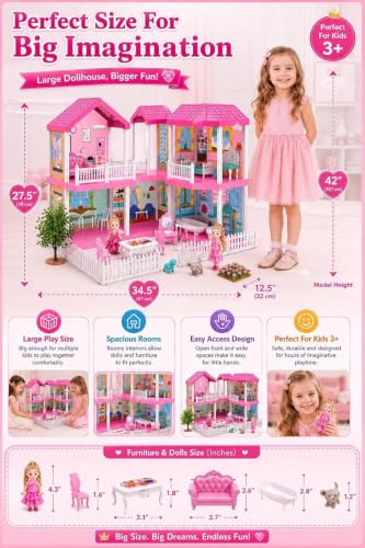 Image of 132+ Pcs Large Doll House for Girls & Boys 3+ Years, 2 Storey Pretend Play Villa with 7 Rooms, 2 Dolls, Furniture, Pets, Kitchen, Bedroom & Accessories