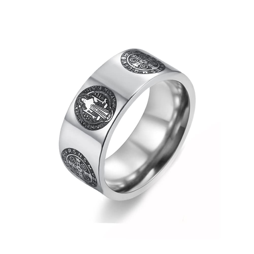 OIDIMSMens 8mm St Benedict Exorcism Ring Stainless Steel Catholic Roman Cross Demon Protection Ghost Hunter Christian Saint Jesus Knuckle Middle Bands Holy Brand Rings Religious Gift for Men Women Father Comfort Fit CPBS Jewelry