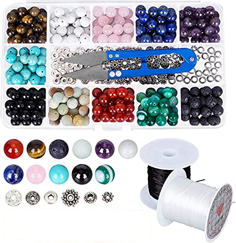 HOMEIDOL Stone Beads Box Set Kits,264Pcs 8mm Round Chakra Rock Beads and Natural Green Crystal Stone With 2 Rolls Elastic Crystal String for Bracelet Necklace Jewelry Making DIY+1 Snip Beading Scissor