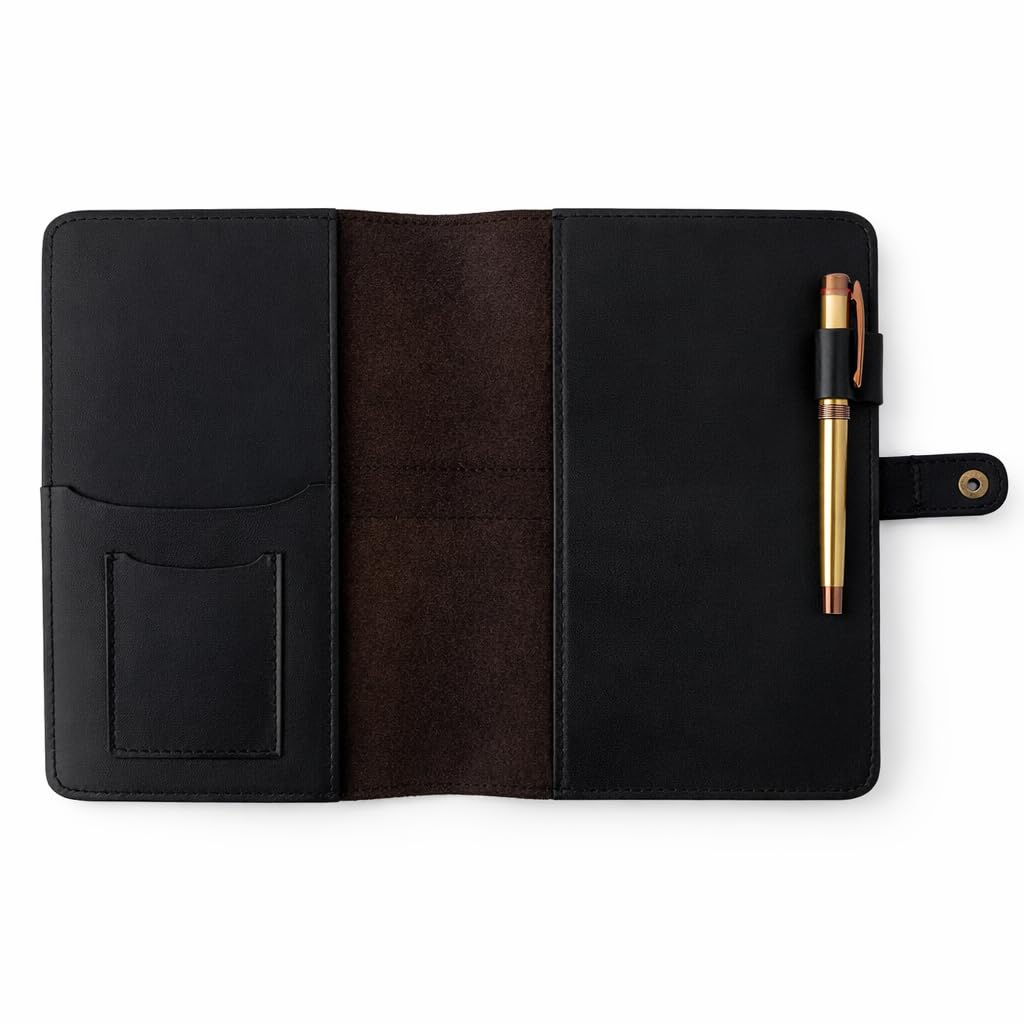 TheAntiq Echtes Leder A5 Journal Cover mit Schnappverschluss - Handgefertigtes nachfüllbares Notizbuch mit Kartenfächern, Stifthalter, Reise-Schreibtagebuch für Büro & Geschenk, 5,75 x 8,25 (Schwarz)