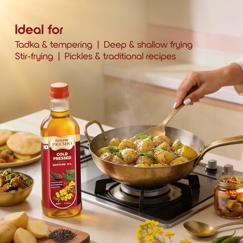 Image of Fortune Premio Cold Pressed Mustard Oil 1L Bottle | Rajasthan Mustard Seeds | Rich in Omega 3 & 6 (PUFA) | Natural Antioxidants | Strong Aroma | Ideal for Frying & Pickles