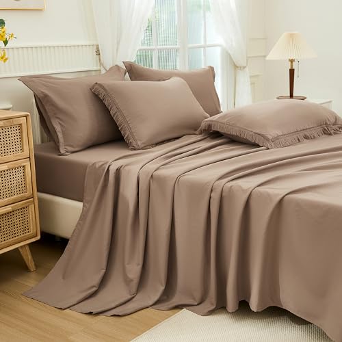 Image of Andency Taupe Full Size Comforter Set with Sheets - 7 Pieces Boho Tassel Bed in a Bag Soft Lightweight Bedding Sets, Taupe Fringe Bed Set with Comforter, Sheets, Pillowcases & Shams