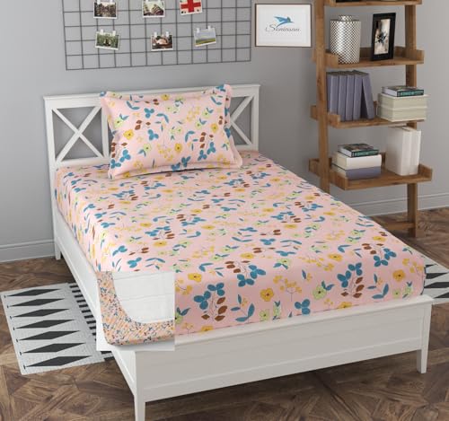 Image of 265 TC Glace-Cotton All Around Elastic Fitted Bedsheet, Elastic Fitted Bedsheet Single Size Bedsheet for Single Bed with 1 Pillow Cover, Size - 72 x 36 x 8 Inch Color
