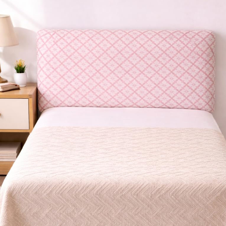 Image of HOMETHREADS 200 GSM Stretchable Jacquard Headboard Cover | Soft, Dust-Proof & Wrinkle-Resistant Bed Back Protector | Fits Leather, Wooden & Fabric Bedsides | for 3ft to 3.5ft | (Pink, 90x65Cm)