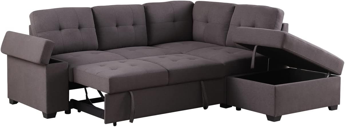 Piran Sleeper Sectional Sofa with Storage Ottoman, Storage Arm Covers in Brown Linen