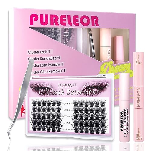 Lash Clusters DIY Eyelash Extension Kit with Bond Seal Tweezers Individual Lashes Remover Kit Soft False Lashes for Personal Use at Home 10-16mm