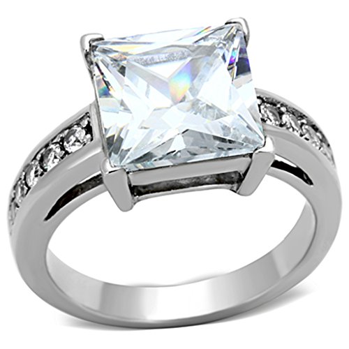 Marimor Jewelry Women's Stainless Steel 5.95 Carat Princess Cut Cubic Zirconia Silver Engagement Ring Size 5-10