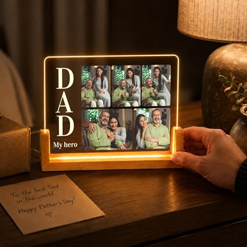 Image of Giftplease Personalized Dad My Hero Acrylic LED Photo Frame with Wooden Base | Customized Multi-Photo Light Lamp for Father's Day, Birthday, Anniversary | Warm Glow Night Light