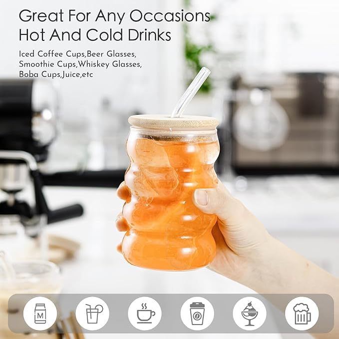 Image of Kamvy Coffee Glass Tumbler with Wooden Lid and Straw Pack of 1, 500ml Reusable Drinking Matcha Glasses Aesthetic Clear Multipurpose Cup for Water Juice Green Iced Tea Boba Home Travel (Wave)