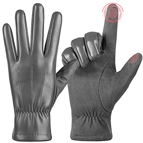 alqqas Winter Fashion Leather Gloves for Men, Finger Touchscreen Texting Wool Lined Warm Windproof Suede Driving Gloves