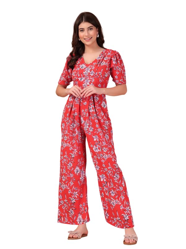 cukoo Premium Women's Floral Printed Pleated Jumpsuit with Short Sleeves and V-Neck Design for Casual Wear, Vacations, Brunch, or Daily Outings-picture-10