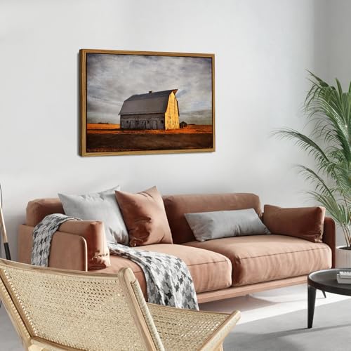 Image of Farmhouse Old Barn Canvas Wall Art Vintage Western Barn Pictures Wall Decor Rustic Country Landscape Canvas Pictures Golden Sunset Farm Rural Artwork for Living Room Office Home Decorations 24x36 inch