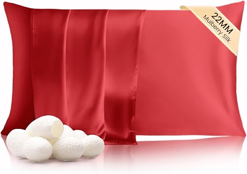 THXSILK Silk Pillowcase 22 Momme Pure Mulberry Silk Pillowcases with Hidden Zipper Soft Breathable Pillow Cover for Hair and Skin King, Red
