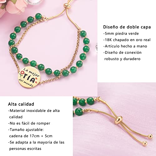 LParkin Doble Cuenta Pulsera Regalos la mejor Tía del mundo, Pulsera Personalizada Mujer Acero Inoxidable Ajustable, Regalo Cumpleaños Original, Oro4